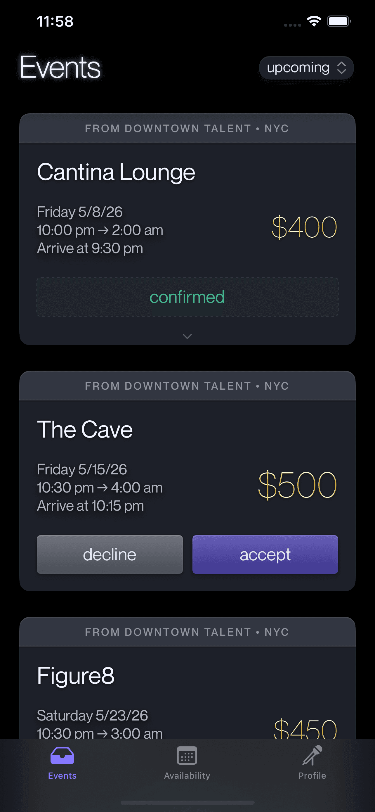 gigMarket iOS app — Events tab showing pending and accepted invitations