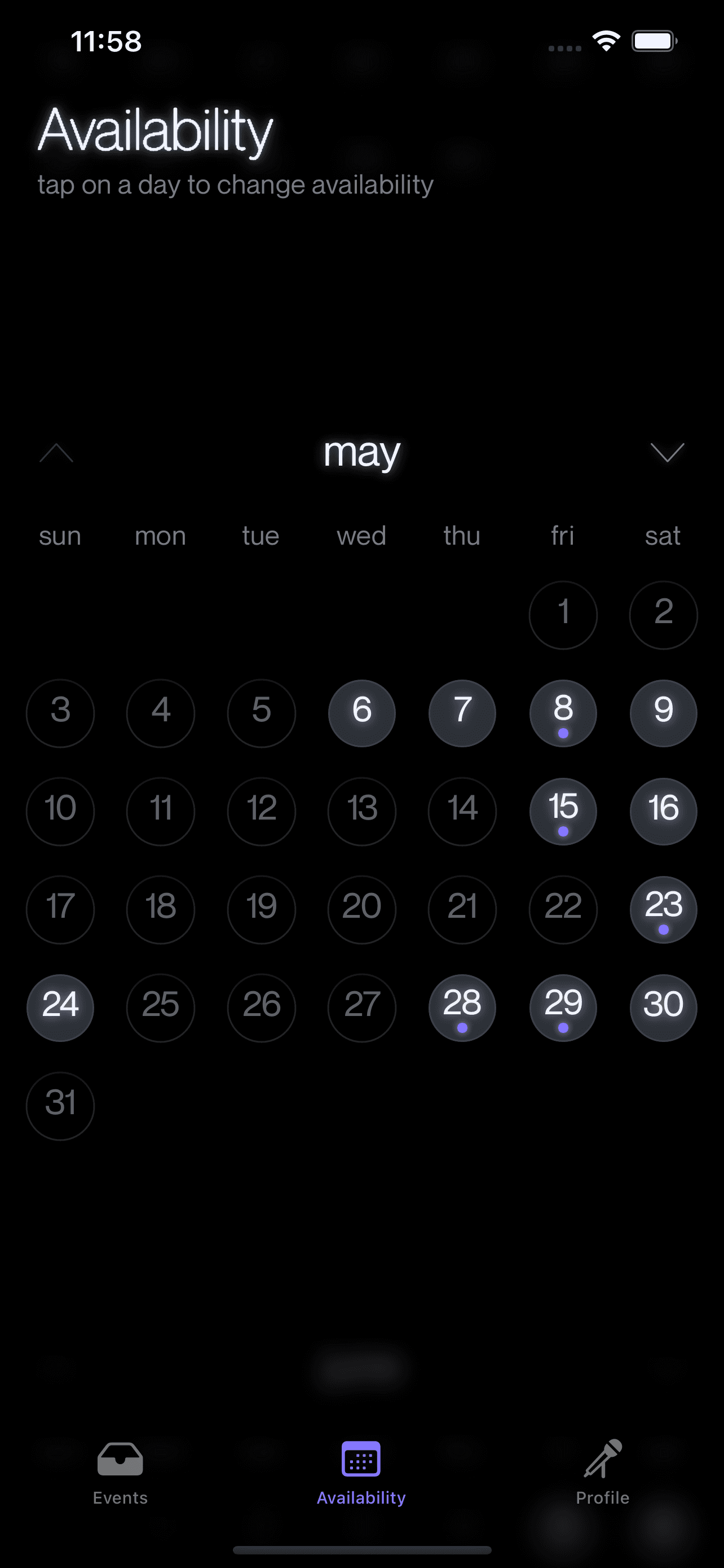 gigMarket iOS app — Availability calendar with nights marked across markets