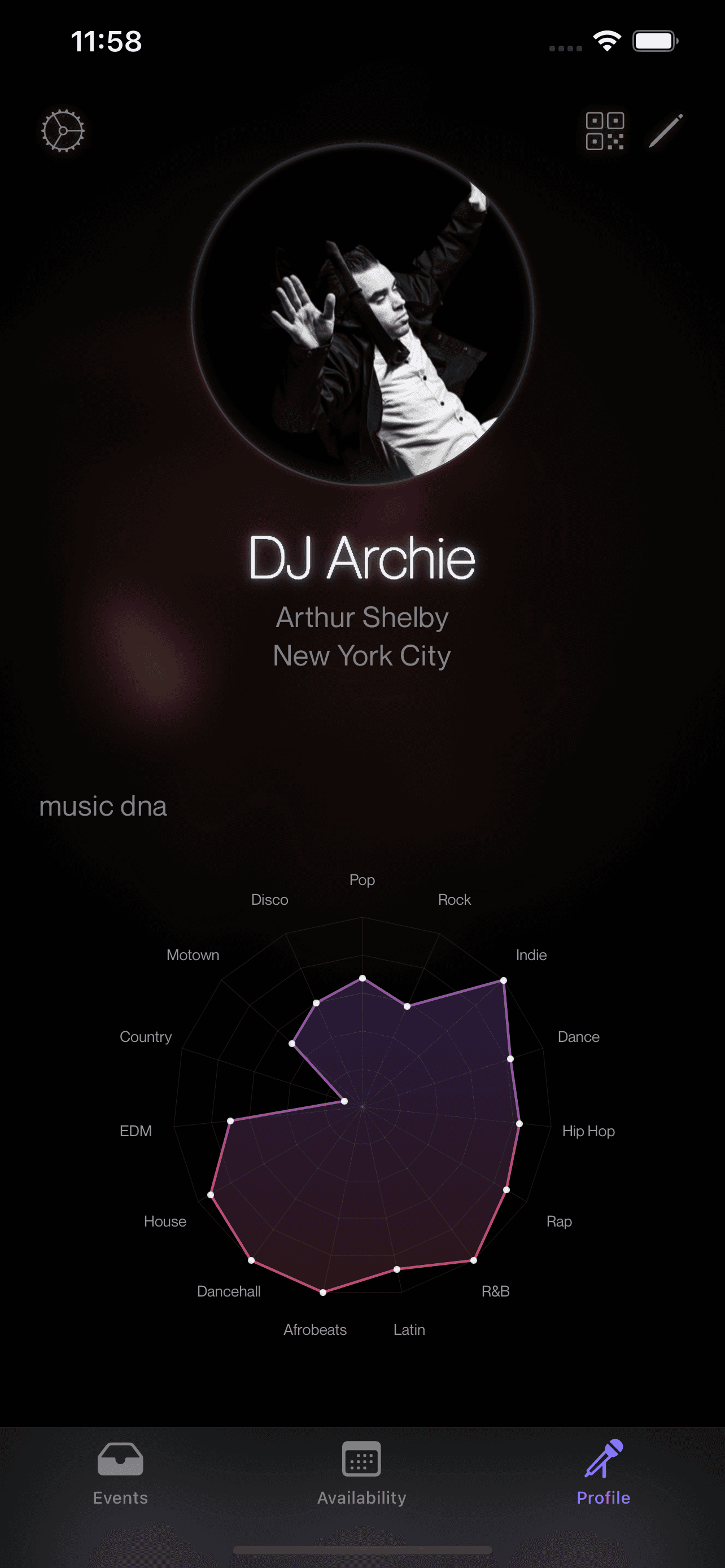 gigMarket iOS app — Profile screen showing the Music DNA radar